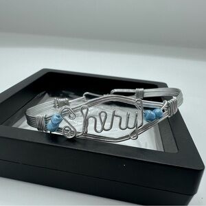 Sheryl Wire Wrapped Bracelet Bangle Silver Blue Beads